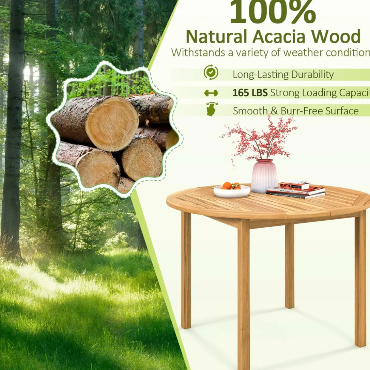 Tangkula 5 Pieces Patio Dining Set, 4 Cushioned Wicker Armchairs and Round Acacia Wood Dining Table