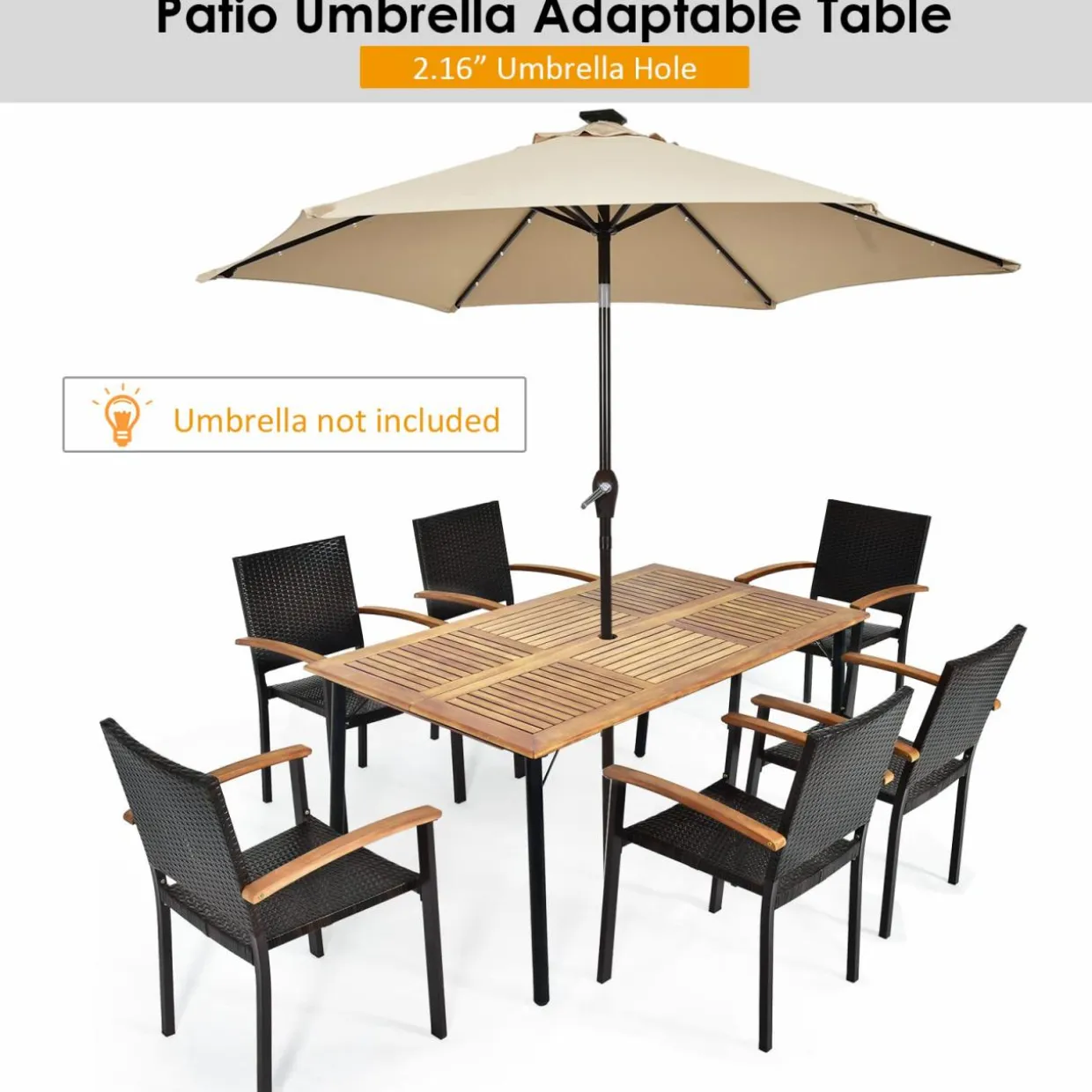 Tangkula 7 Pieces Patio Dining Set, Outdoor Dining Table Set with Acacia Wood Table Top, 6 Wicker Armchairs