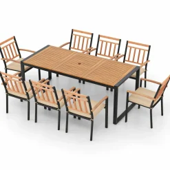 Tangkula 9 Pieces Patio Dining Set, Outdoor Acacia Wood Table and Chairs with Soft Cushions and 1.9” Umbrella Hole