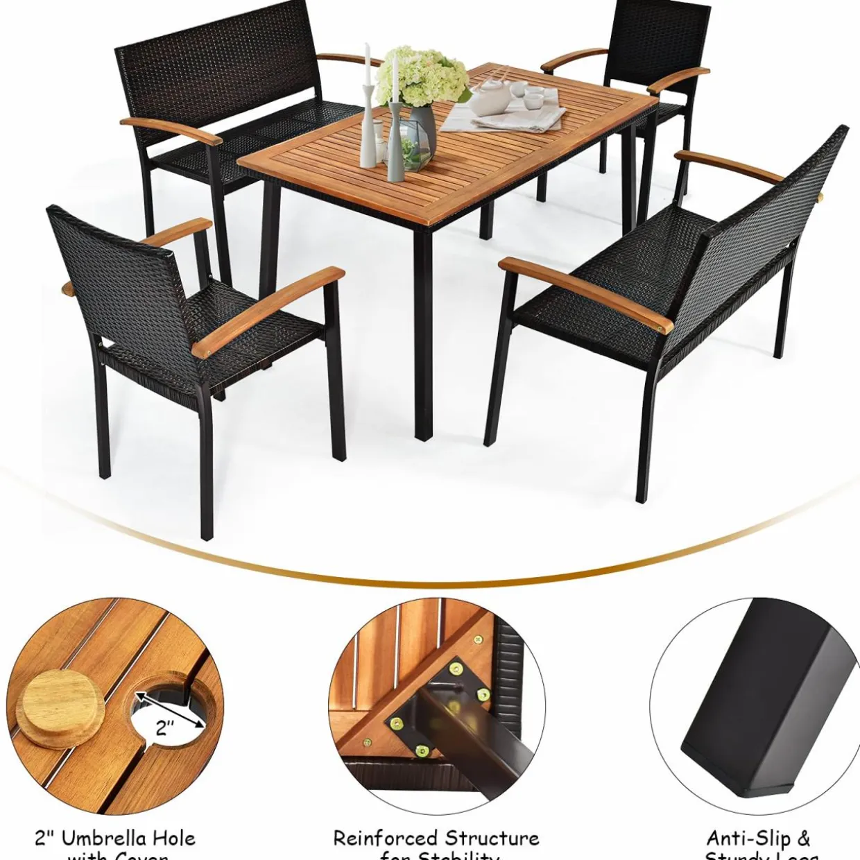 Tangkula 5 Pieces Patio Dining Set, Modern Conversation Set w/Solid Wood Table & Umbrella Hole for Backyard Garden Porch