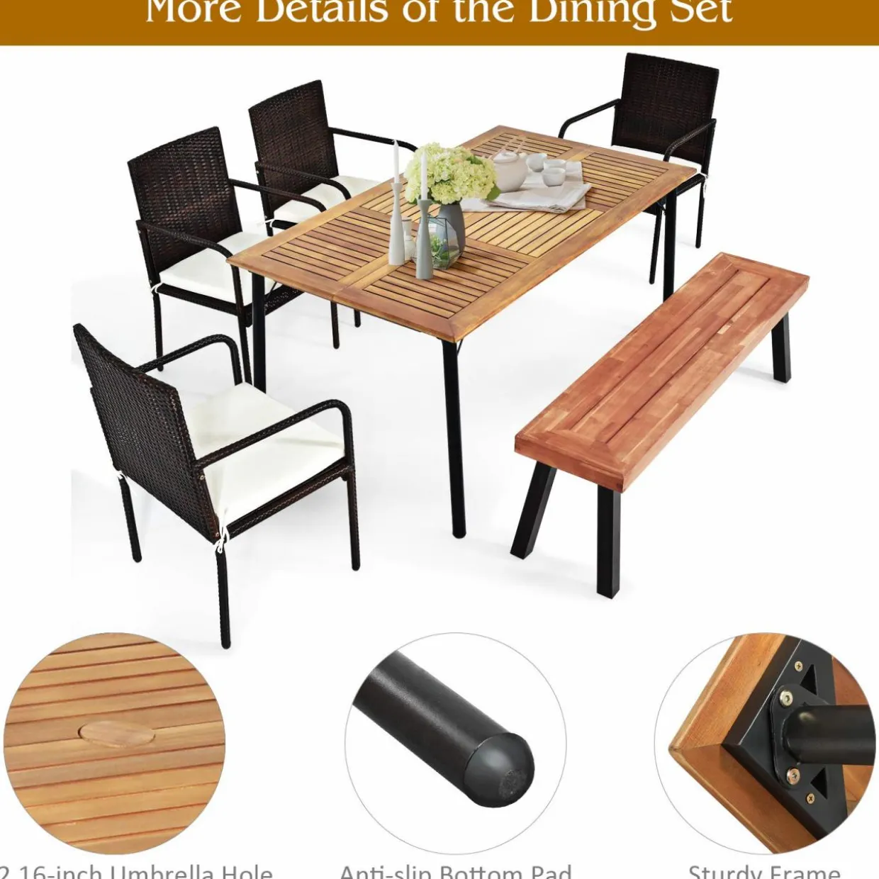 Tangkula 6 Pieces Patio Dining Set, Outdoor Acacia Wood and Wicker Furniture Set w/2.16" Hole