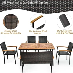 Tangkula 6 Pieces Patio Dining Table and Chairs, Includes All Weather Heavy Duty Acacia Wood Dining Table with Umbrella Hole