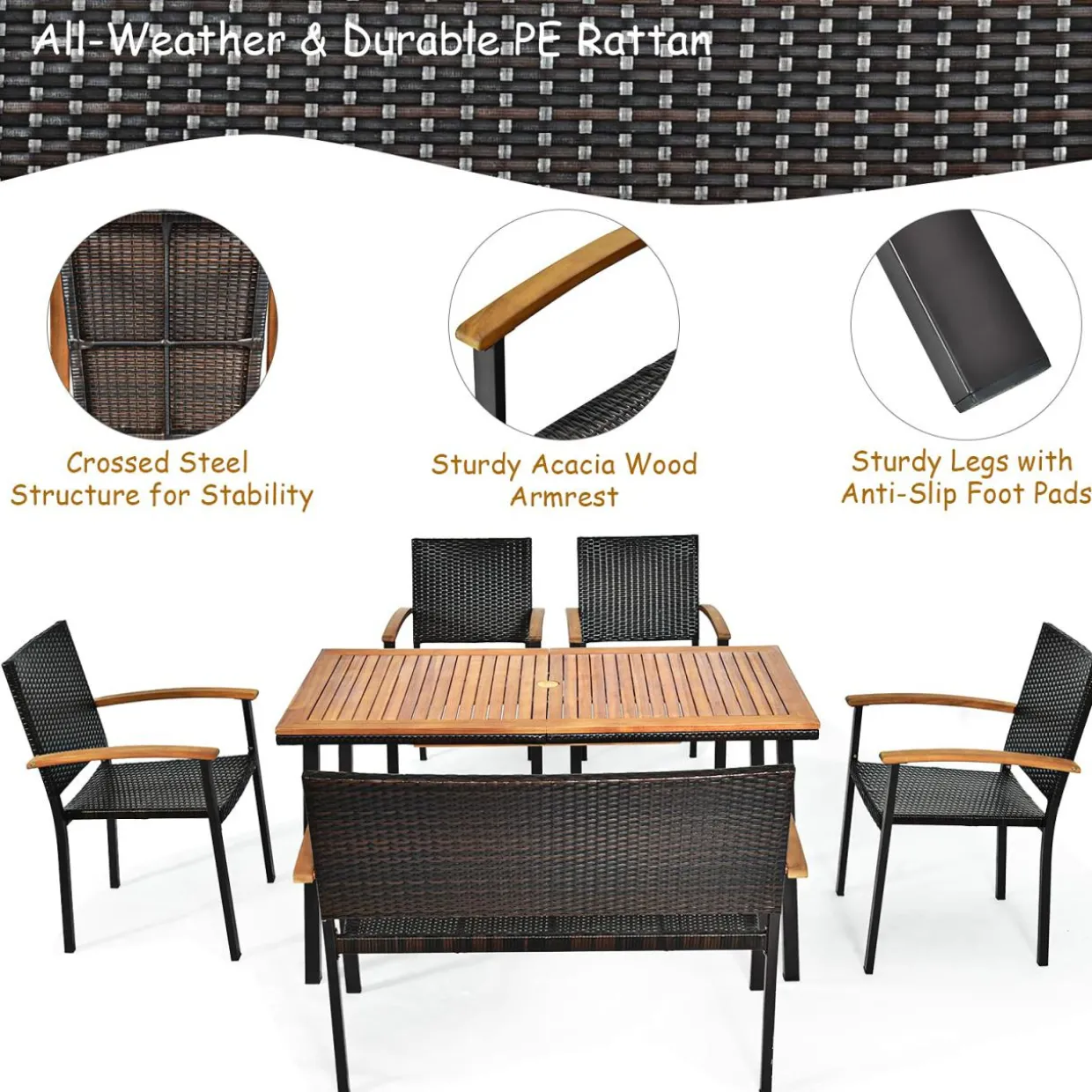 Tangkula 6 Pieces Patio Dining Table and Chairs, Includes All Weather Heavy Duty Acacia Wood Dining Table with Umbrella Hole