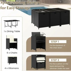 Tangkula 11 Pieces Patio Dining Set, Space-Saving Wicker Chairs & Tempered Glass Table with Ottomans