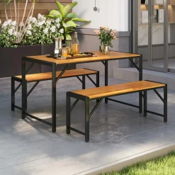 Tangkula 3 Pieces Patio Dining Set for 6 People, Outdoor Picnic Table & 2 Benches, 53” Acacia Wood Dining Table