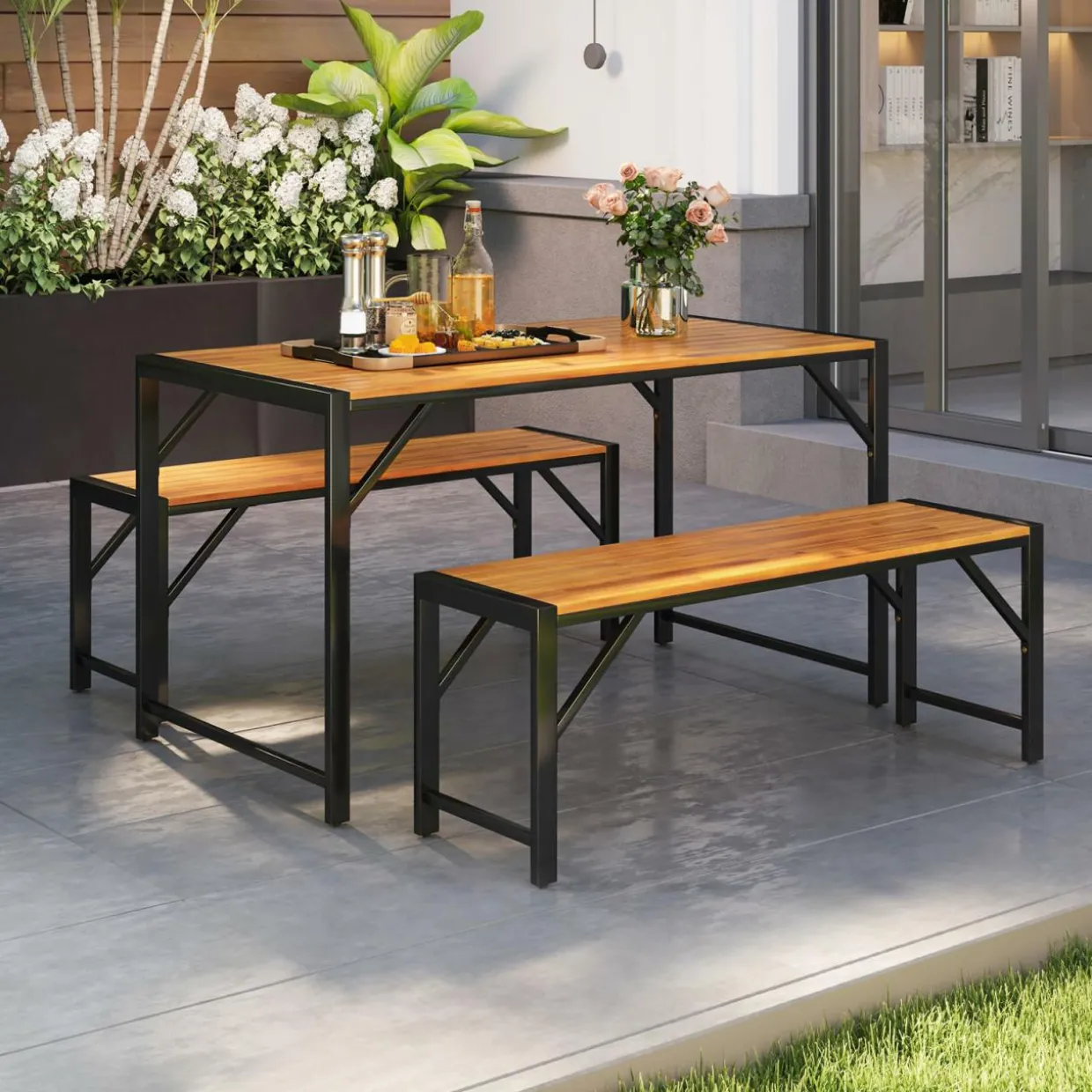 Tangkula 3 Pieces Patio Dining Set for 6 People, Outdoor Picnic Table & 2 Benches, 53” Acacia Wood Dining Table