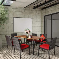Tangkula 7 Pieces Patio Dining Set, Acacia Wood Wicker Dining Furniture Set with Sturdy Steel Frame & Umbrella Hole