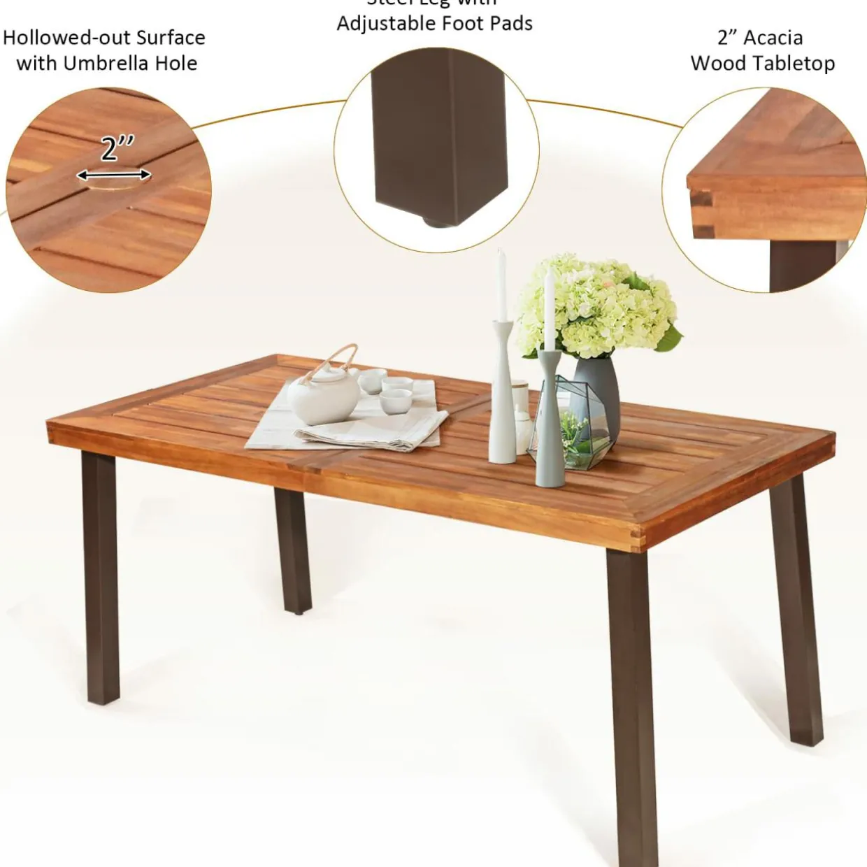 Tangkula 7 Pieces Patio Dining Set, Patiojoy Outdoor Conversation Set w/Acacia Wood Top Table & 6 Stackable Rattan Chairs