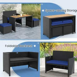 Tangkula 4 Pieces Patio Dining Set, Space Saving PE Rattan Loveseat with Acacia Wood Top Dining Table