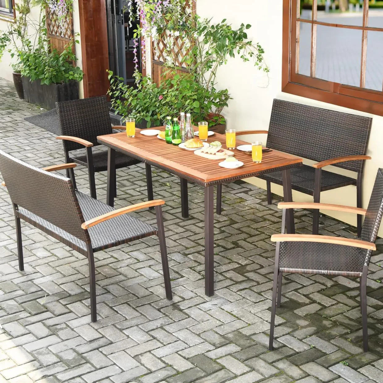 Tangkula 5 Pieces Patio Dining Set, Modern Conversation Set w/Solid Wood Table & Umbrella Hole for Backyard Garden Porch