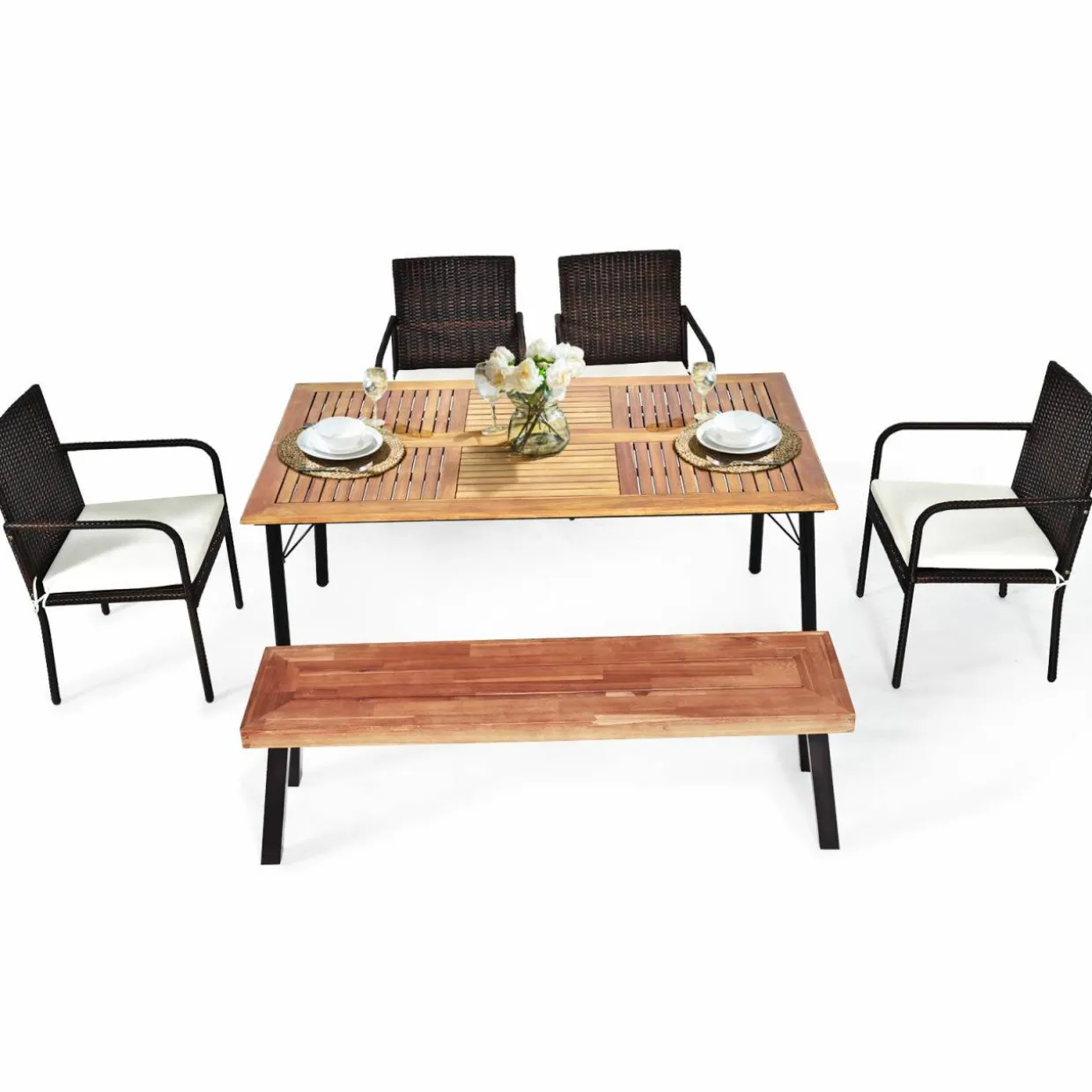Tangkula 6 Pieces Patio Dining Set, Outdoor Acacia Wood and Wicker Furniture Set w/2.16" Hole