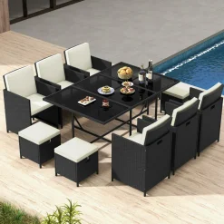 Tangkula 11 Pieces Patio Dining Set, Space-Saving Wicker Chairs & Tempered Glass Table with Ottomans