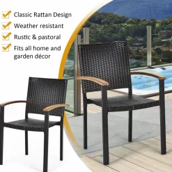 Tangkula 7 Pieces Patio Dining Set, Outdoor Dining Table Set with Acacia Wood Table Top, 6 Wicker Armchairs