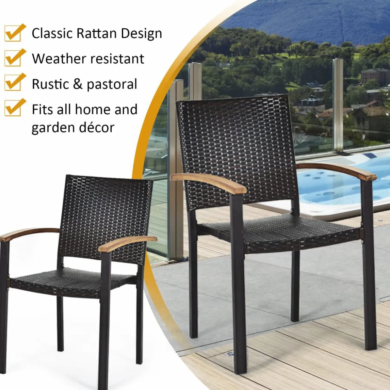 Tangkula 7 Pieces Patio Dining Set, Outdoor Dining Table Set with Acacia Wood Table Top, 6 Wicker Armchairs