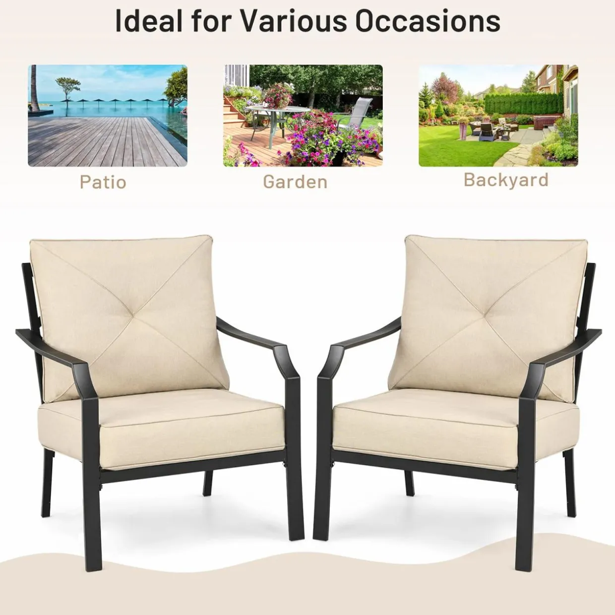 Tangkula 2 Pieces Patio Dining Chairs, Outdoor Bistro Armchairs with Steel Frame, Thick and Soft Cushions