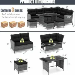 Tangkula 7 Pieces Patio Dining Furniture Set, Outdoor PE Rattan Sectional Sofa Set with Soft Cushions