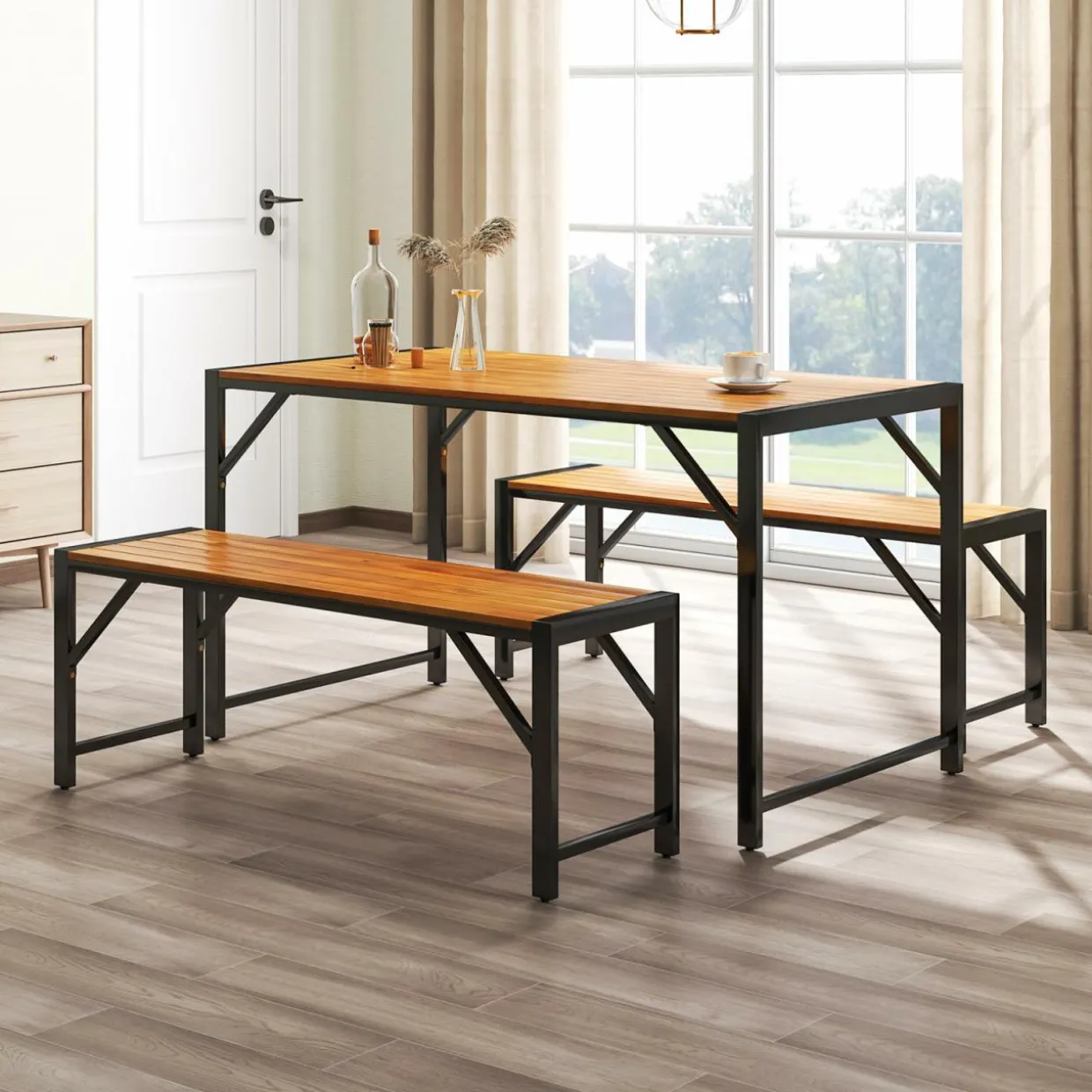 Tangkula 3 Pieces Patio Dining Set for 6 People, Outdoor Picnic Table & 2 Benches, 53” Acacia Wood Dining Table