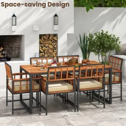 Tangkula 7 Pieces Patio Dining Set, Outdoor Acacia Wood Table and Chairs with Soft Cushions and Umbrella Hole