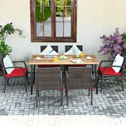 Tangkula 7 Pieces Patio Dining Set, Acacia Wood Wicker Dining Furniture Set with Sturdy Steel Frame & Umbrella Hole