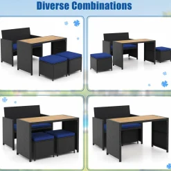 Tangkula 4 Pieces Patio Dining Set, Space Saving PE Rattan Loveseat with Acacia Wood Top Dining Table