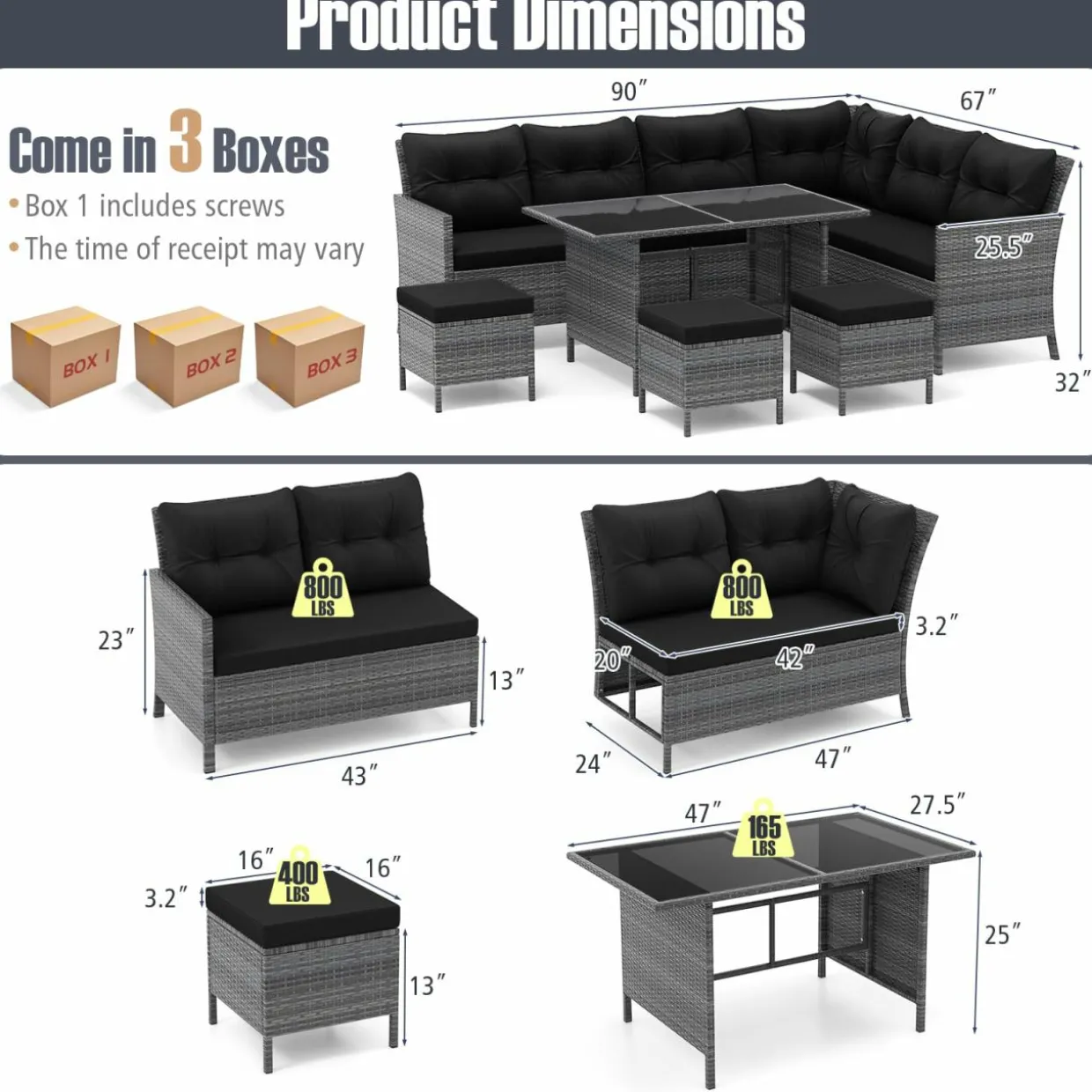 Tangkula 7 Pieces Patio Dining Furniture Set, Outdoor PE Rattan Sectional Sofa Set with Soft Cushions