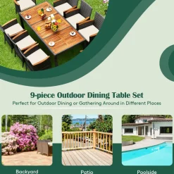 Tangkula 9 Pieces Patio Dining Set, , Outdoor Acacia Wood & Rattan Furniture Set with Cushions, Table & 8 Chairs
