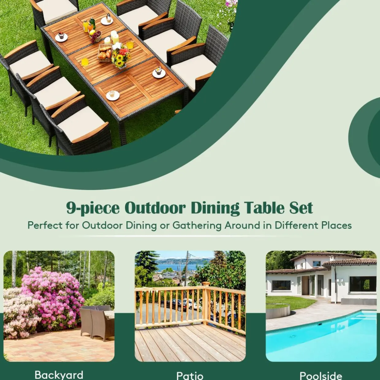 Tangkula 9 Pieces Patio Dining Set, , Outdoor Acacia Wood & Rattan Furniture Set with Cushions, Table & 8 Chairs