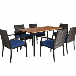 Tangkula 7 Pieces Patio Dining Set, Acacia Wood Wicker Dining Furniture Set with Sturdy Steel Frame & Umbrella Hole