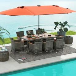 Tangkula 11 Pieces Patio Dining Set with 15 ft Double-Sided Patio LED Umbrella (Base Included)