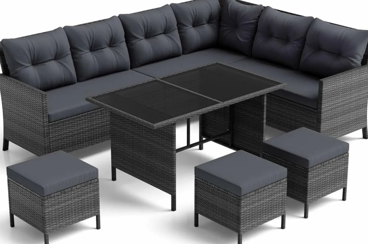 Tangkula 7 Pieces Patio Dining Furniture Set, Outdoor PE Rattan Sectional Sofa Set with Soft Cushions