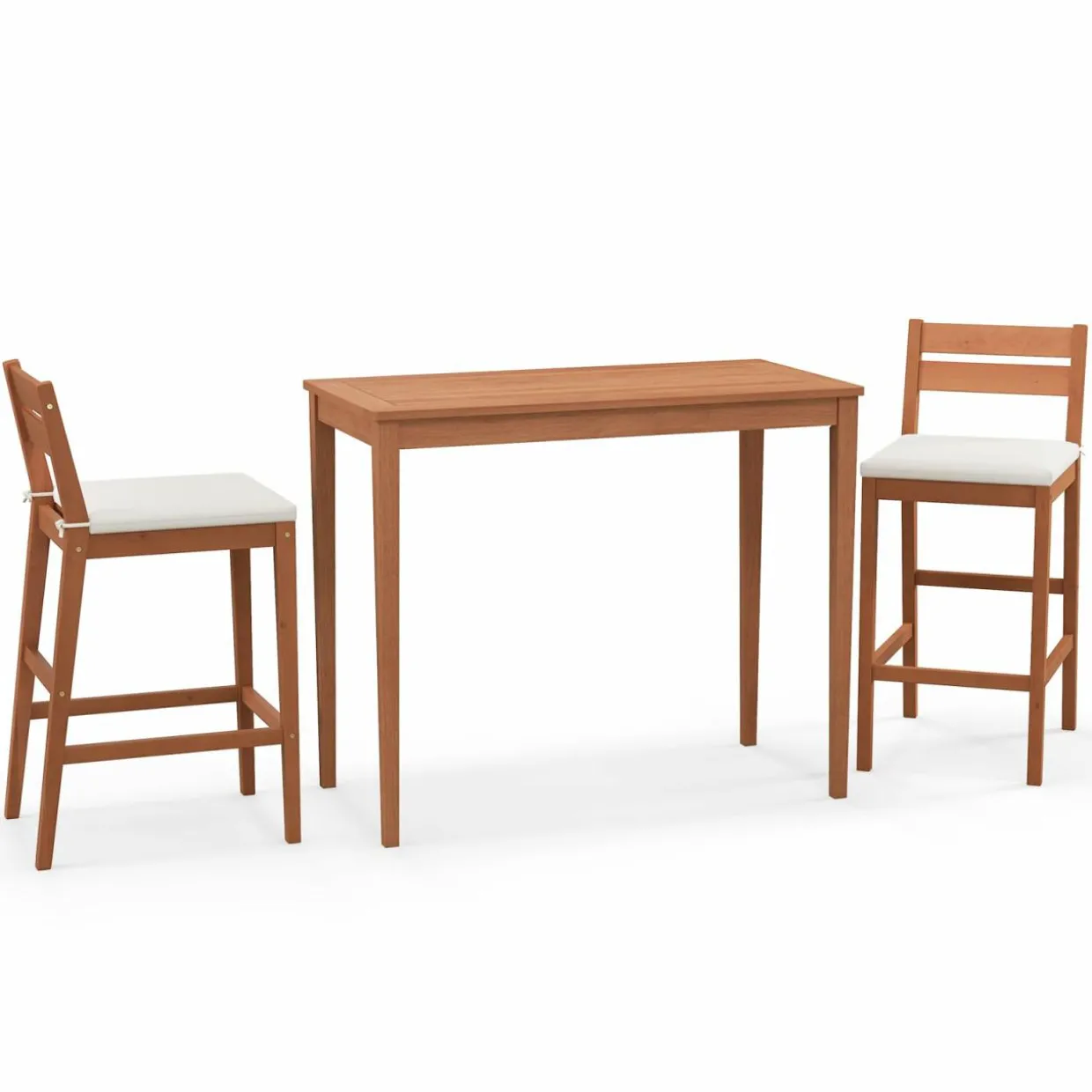 Tangkula 3 Pieces Patio Eucalyptus Wood Bar Set, Outdoor Bar Height Table and Chairs Set with Cushions