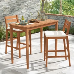 Tangkula 3 Pieces Patio Eucalyptus Wood Bar Set, Outdoor Bar Height Table and Chairs Set with Cushions