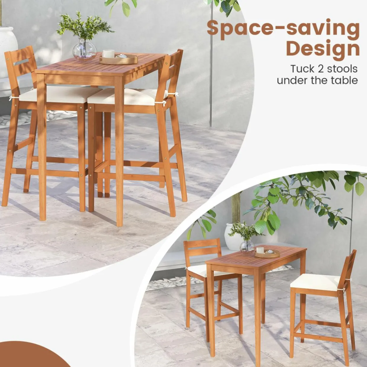 Tangkula 3 Pieces Patio Eucalyptus Wood Bar Set, Outdoor Bar Height Table and Chairs Set with Cushions