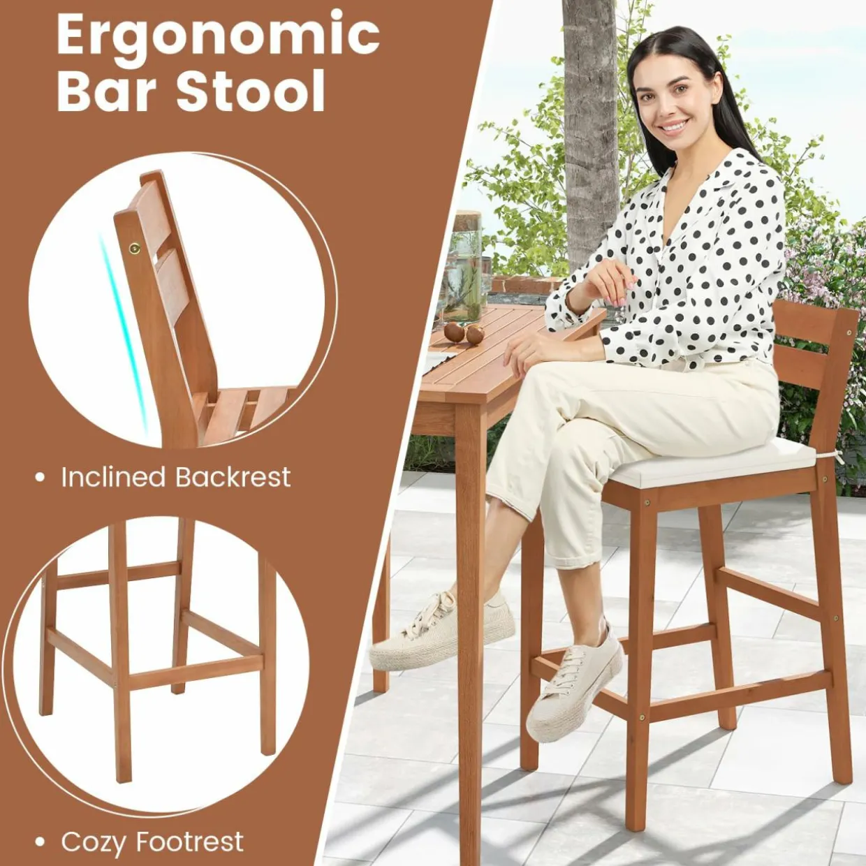 Tangkula 3 Pieces Patio Eucalyptus Wood Bar Set, Outdoor Bar Height Table and Chairs Set with Cushions