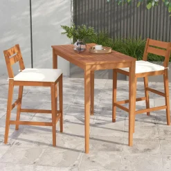 Tangkula 3 Pieces Patio Eucalyptus Wood Bar Set, Outdoor Bar Height Table and Chairs Set with Cushions