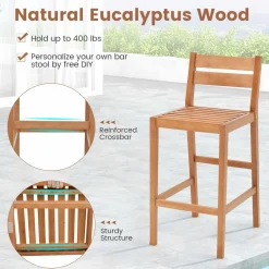 Tangkula 3 Pieces Patio Eucalyptus Wood Bar Set, Outdoor Bar Height Table and Chairs Set with Cushions