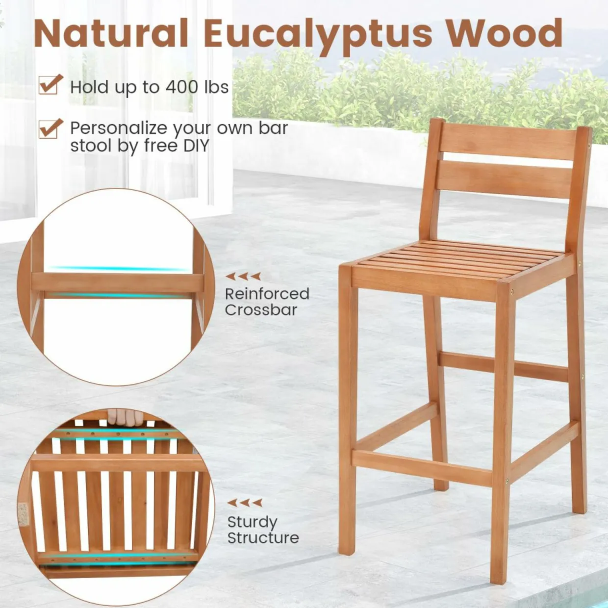 Tangkula 3 Pieces Patio Eucalyptus Wood Bar Set, Outdoor Bar Height Table and Chairs Set with Cushions