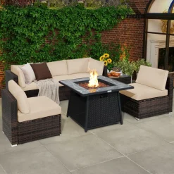 Tangkula 7 Pieces Patio Furniture Set with 35” 50000 BTU Propane Gas Fire Pit Table & Waterproof Cover for Firpit