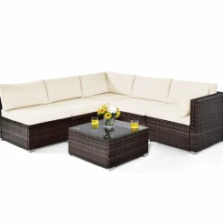Tangkula 6 Pieces Patio Furniture Set, Outdoor Wicker Conversation Set with Glass Coffee Table