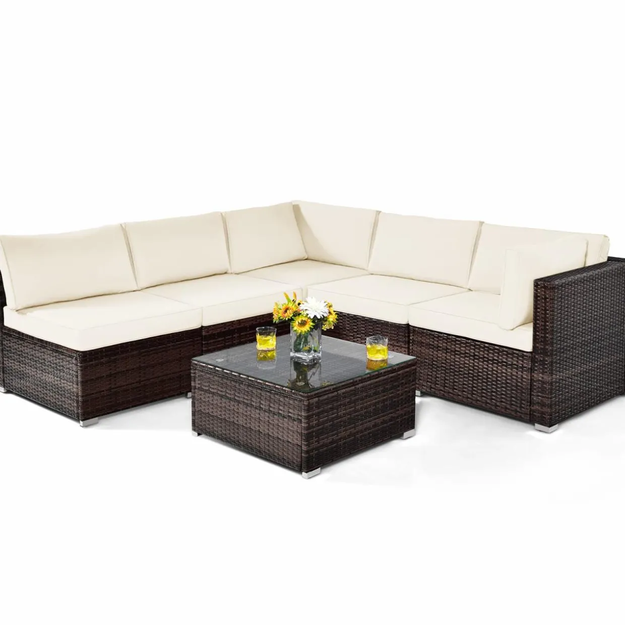 Tangkula 6 Pieces Patio Furniture Set, Outdoor Wicker Conversation Set with Glass Coffee Table