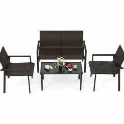 Tangkula 4 Pieces Patio Furniture Set, Patiojoy Heavy Duty Galvanized Metal Frame Outdoor Wicker Table and Chairs Set