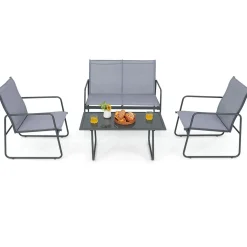 Tangkula 4 Pieces Patio Furniture Set with Tempered Glass Coffee Table (Gray)