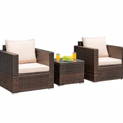 Tangkula 3 Pieces Patio Furniture Set, Outdoor Conversation Rattan Furniture Set