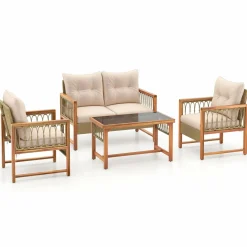 Tangkula 4 Pieces Patio Furniture Set, Outdoor PE Wicker Conversation Bistro Set with Acacia Wood Frame