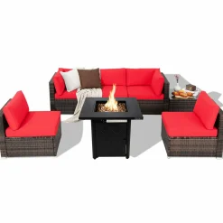 Tangkula 7 Pieces Patio Furniture Set with 28" 50000 BTU Propane Gas Fire Pit Table