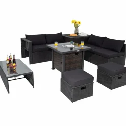 Tangkula 9 Pieces Patio Furniture Set with 32” Fire Pit Table, 50,000 BTU Square Propane Fire Pit