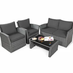 Tangkula 4 Pieces Patio Furniture Set, All Weather Outdoor Sectional Rattan Sofa Set