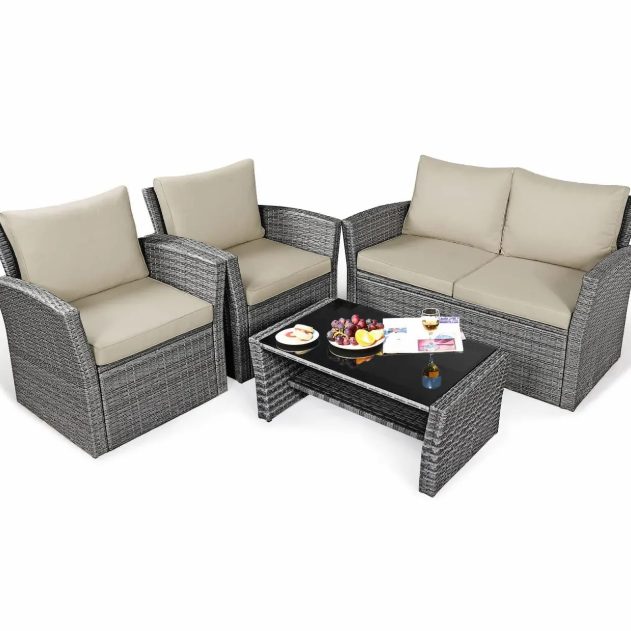 Tangkula 4 Pieces Patio Furniture Set, Outdoor Conversation Set with Cushions and Coffee Table