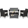 Tangkula 4 Pieces Patio Furniture Set, Patiojoy Outdoor PE Wicker Conversation Set with Soft Cushions and Tempered Glass Tabletop