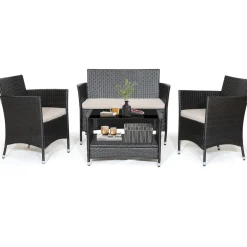 Tangkula 4 Pieces Patio Furniture Set, Patiojoy Outdoor PE Wicker Conversation Set with Soft Cushions and Tempered Glass Tabletop
